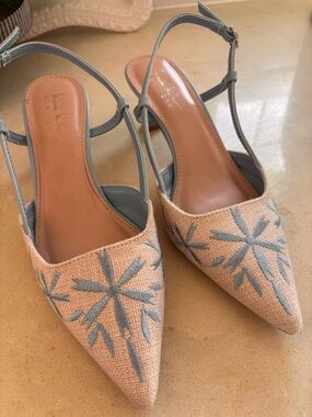 Nicole Miller Peach Pointed Slingback Mules with Light Blue Embroidery
